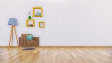 Modern minimalist oturma odası dekorasyon koltuk, zemin lamba ve boş beyaz duvar arka plan kopya alanı ile basit raflarda. 4 k'dan fazla işlenen gerçekçi 3d animasyon