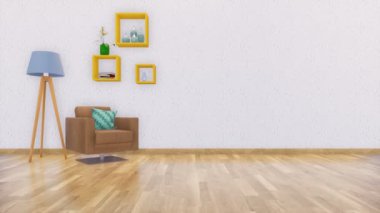 Koltuk, standart lamba ve parlak modern minimalist oturma odası iç boş beyaz duvar ve ahşap zemin ile basit kare raflar. 4 k'dan fazla işlenen gerçekçi 3d animasyon