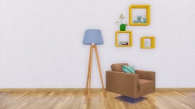 Parlak modern oturma odası iç koltuk, zemin lamba ve kopya alanı boş beyaz duvar zemin üzerine basit raflar ile minimalist tasarım tarzında. 4 k'dan fazla işlenen 3d animasyon