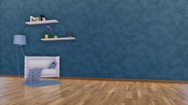 Modern minimalist oturma odası veya stüdyo iç beyaz koltuk, zemin lamba ve boş koyu mavi sıva duvar arka plan kopya alanı ile basit raflarda. 4 k'dan fazla işlenen 3d animasyon