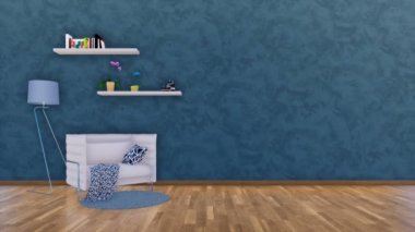 Modern minimalist oturma odası dekorasyon koltuk, zemin lamba ve boş koyu mavi dokulu duvar arka plan kopya alanı ile basit raflarda. 4 k'dan fazla işlenen 3d animasyon