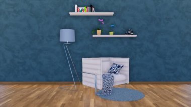 Modern minimalist oturma odası iç beyaz koltuk veya küçük kanepe, zemin lamba ve basit kopya alanı boş koyu mavi dokulu sıva duvar raflarda. 4 k'dan fazla işlenen 3d animasyon