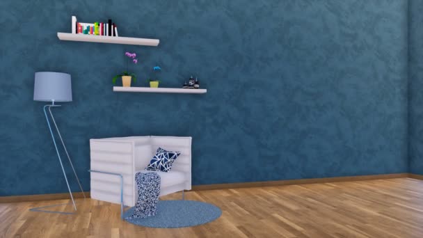 Moderní minimalistický obývací pokoj nebo studio interiér s bílým křeslem, lampa a jednoduché police na prázdný tmavě modré texturou štukové zdi pozadí a parketové podlahy. 3D animace vykreslované v rozlišení 4k