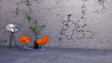 Modern minimalist dekorasyon sandalye, sehpa ve zemin üzerinde gri kırık duvar arka planda loft daire ya da yaratıcı atölye bir projektör olarak stilize lamba. 4 k'dan fazla işlenen 3d animasyon