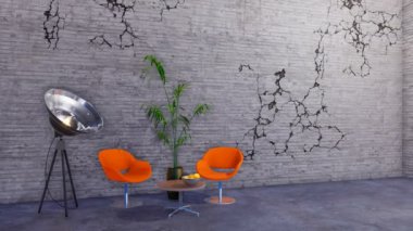 Modern portakal sandalye, sehpa ve spot zemin lamba grunge minimalist, çatı veya yaratıcı stüdyo iç boş gri beton duvar ve kopya alanı kırık. 4 k'dan fazla işlenen 3d animasyon
