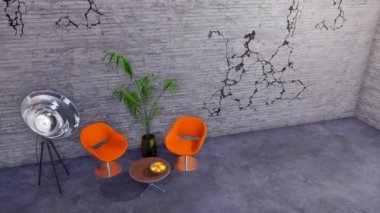 İki portakal sandalye, sehpa ve ışıldak zemin lamba modern minimalist çatı veya boş kırık beton duvar ve kopya alanı ile yaratıcı atölye iç. 4 k'dan fazla işlenen 3d animasyon