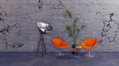 Modern loft tarzı grunge minimalist iç oturma odası veya portakal sandalye ve spot lamba ile kopya alanı boş gri kırık duvara ile yaratıcı stüdyo. 4 k'dan fazla işlenen 3d animasyon