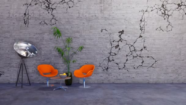 Chaises Orange Modernes Table Basse Lampadaire Stylisés Comme Projecteurs Dans — Video