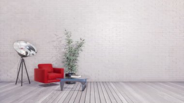 Kırmızı koltuk, cam sehpa ve ışıldak zemin lamba parlak modern minimalist çatı veya boş beyaz tuğla duvar ve ahşap zemin ile yaratıcı stüdyo iç. 4 k'dan fazla işlenen 3d animasyon