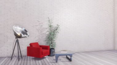 Parlak çatı katında salon iç kırmızı koltuk, cam sehpa, zemin lamba ve boş beyaz tuğla duvar arka plan üzerinde Ev bitkisi ile modern minimalist tasarım tarzında. 4 k'dan fazla işlenen 3d animasyon