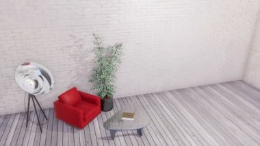 Modern kırmızı koltuk, cam sehpa ve ışıldak zemin lamba basit minimalist çatı veya boş beyaz tuğla duvar ve gri ahşap zemin ile yaratıcı atölye iç. 4 k'dan fazla işlenen 3d animasyon