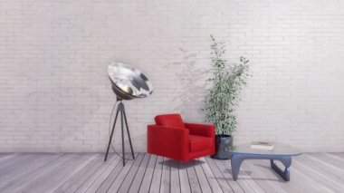 Modern kırmızı koltuk, cam sehpa ve spot zemin lamba parlak minimalist oturma odası iç boş beyaz tuğla duvar ve gri ahşap zemin ile. 4 k'dan fazla işlenen gerçekçi 3d animasyon