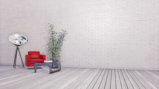 Světlé loft stylu minimalistický interiér obývacího pokoje nebo kreativní studio s moderní křeslo, stolek a spotlight lampa prázdná bílá cihlová zeď s kopie prostoru. 3D animace vykreslované v rozlišení 4k