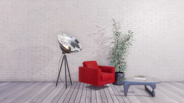 Moderne Rode Fauteuil Glazen Salontafel Vloerlamp Spotlight Heldere Minimalistische Woonkamer — Stockvideo