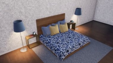 Modern minimalist yatak odası iç tasarım ahşap çift kişilik yatak, basit nightstands, zemin lambaları ve boş beyaz duvar kaba sıva ile dekore edilmiş veya dokulu duvar kağıdı. 4 k'dan fazla işlenen 3d animasyon