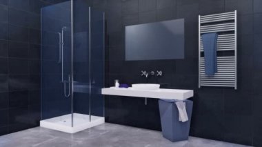 Modern minimalist banyo iç basit cam eşiksiz duş, ayna ve parlak koyu gri seramik lavabo ile siyah ve beyaz renklerde duvara döşeli. 4 k'dan fazla işlenen 3d animasyon