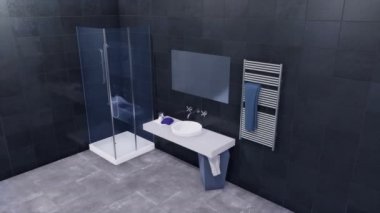 Basit cam duş, ayna ve beyaz lavabo modern minimalist banyo iç parlak siyah döşenmiş Duvar ve koyu gri Seramik döşeme içinde yürümek. 4 k'dan fazla işlenen 3d animasyon