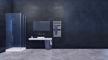 Siyah ve beyaz tonlarda cam eşiksiz duş ve boş koyu gri karşı basit seramik lavabo ile modern minimalist banyo iç kopya alanı ile duvara döşeli. 4 k'dan fazla işlenen 3d animasyon