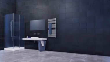 Basit cam geniş banyo duş, ayna, beyaz lavabo ve parlak siyah mermer fayans duvar kopya alanı ile yürümek. 4 k'dan fazla işlenen minimalist 3d animasyon