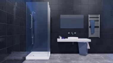 Modern minimalist banyo iç basit cam ile parlak siyah mermer fayans ve gri Seramik zemin ile dekore edilmiş duvar duş, ayna ve beyaz lavabo yürüme. 4 k'dan fazla işlenen 3d animasyon