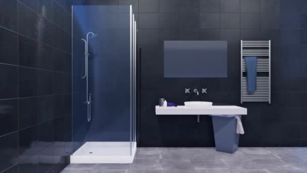 Moderne Minimalistische Badkamer Interieur Met Eenvoudige Glas Walk Douche Spiegel — Stockvideo