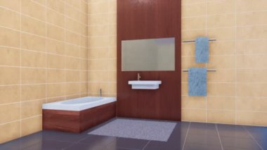 Modern şık küvet, ayna ve zarif parlak minimalist banyo iç kopya alanı üzerinde bej ile basit seramik lavabo duvar ve gri Seramik zemin döşeli. 4 k'dan fazla işlenen 3d animasyon