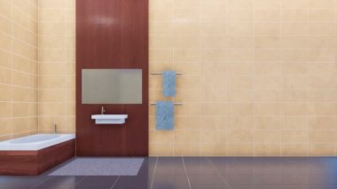 Modern minimalist şık banyo iç küvet, ayna ve kopya alanı boş bej döşenmiş duvar zemin üzerine basit seramik lavabo ile sıcak parlak renklerde. 4 k'dan fazla işlenen 3d animasyon