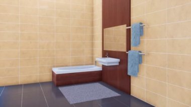 Modern banyo teçhizat - küvet, ayna ve parlak minimalist banyo iç kopya alanı üzerinde bej fayans duvar ve gri mermer döşeme ile seramik lavabo. 4 k'dan fazla işlenen 3d animasyon