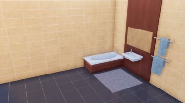 Küvet, ayna, basit lavabo ile minimalist tasarım tarzında modern parlak banyo iç, duvar ve koyu gri Seramik döşeme boş bej döşenir. 4 k'dan fazla işlenen insanlar 3d animasyon ile
