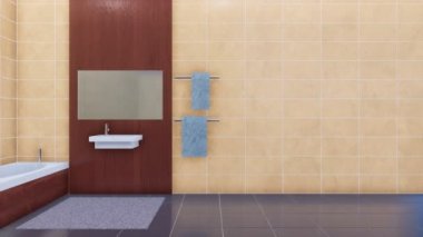 Modern banyo teçhizat - küvet, ayna ve basit lavabo parlak minimalist banyo iç ve Clip boş bej seramik duvar finalde metin için yer. 4 k'dan fazla işlenen 3d animasyon