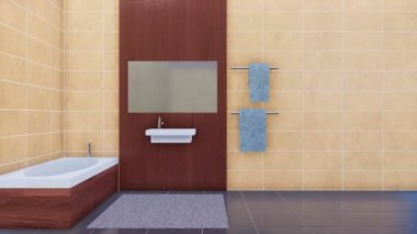 Küvet, ayna ve kopya alanı boş bej fayans duvar zemin üzerine basit seramik lavabo ile minimalist tasarım tarzında modern geniş banyo iç. 4 k'dan fazla işlenen 3d animasyon