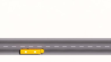 Hava yukarıdan aşağıya geleneksel Amerikan sarı okul kopya alanı ile beyaz arka plan üzerinde izole boş asfalt yolda hareket otobüsü görünümünü. 4 k'dan fazla işlenen minimalist kavramı 3d animasyon