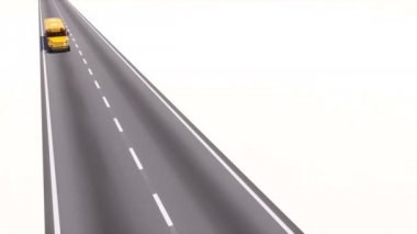 Geleneksel Amerikan sarı okul kopya alanı ile beyaz arka plan üzerinde boş otoyol yolda otobüs sürüş yüksek açı bakış. Başa okul kavramı en az 4 k'dan fazla işlenen 3d animasyon