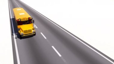 Geleneksel Amerikan sarı okul kopya alanı ile beyaz arka plan üzerinde izole boş asfalt yolda hareketli otobüs. Yüksek açı görünüm en az 4 k'dan fazla işlenen 3d animasyon