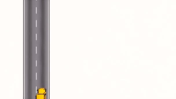 空中トップダウン テキスト用のスペース 白い背景で隔離の空アスファルト道路で運転 アメリカの伝統的な黄色学校バスのビュー シンプルな でレンダリングされた アニメーション — ストック動画