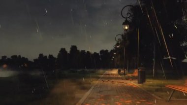 Karanlık gece ile şiddetli yağmur, Ahşap banklar ve korkunç Şehir Parkı içinde düşen sonbahar yaprakları ile sokak lambaları tarafından boş kaldırım geçit yaktı. 4 k'dan fazla işlenen insanlar 3d animasyon ile