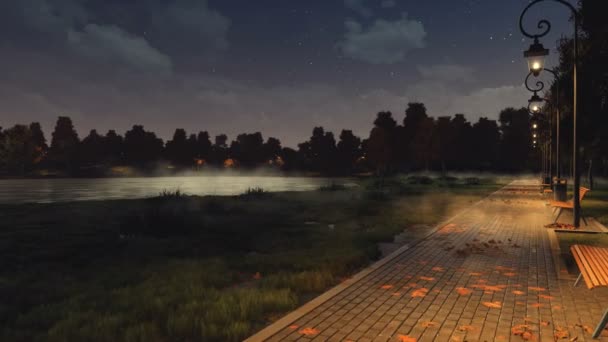 舗装の公園の通路空ベンチ 落ち葉秋暗闇の木と街灯ではシルエット 霧秋夜静かな池の岸に点灯 で表示しない人々 アニメーション — ストック動画