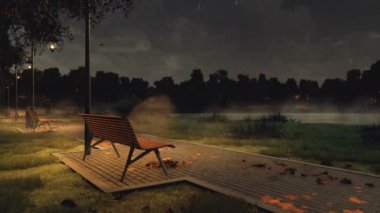 Kaldırıma park geçit tarafından boş banklar, düşen sonbahar yaprakları ve karanlık ağaçlar siluetleri ile sokak ışıkları yağmurlu gece yaktı. Hiçbir insan ile sezon 3d animasyon 4 k'dan fazla işlenen düşmek