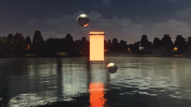 Glühende Surreale Portal Eine Andere Dimension Über Ruhigen Waldsee Dunkler — Stockvideo