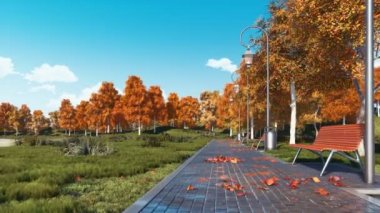 Huzurlu sonbahar manzara - kaldırım geçit boş banklar ile ve yeşil renkli bir şehir parkı ağaçlarda sessiz güneşli gün düşer. 4 k'dan fazla işlenen insanlar gerçekçi 3d animasyon ile