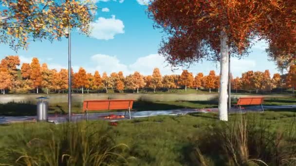 宁静的秋景 在湖岸边的一个城市公园里 用石头小路 空长凳和郁郁葱葱的五颜六色的秋天树木在白天 没有人3D 动画渲染4K — 图库视频影像