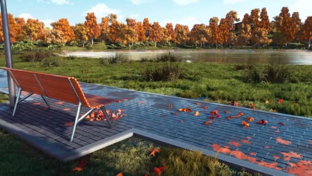 Wet Rain Pavement Walkway Empty Bench Colorful Autumn Trees Fallen — Stock Video