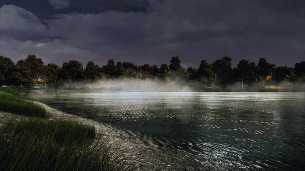 Paisaje Místico Otoñal Con Árboles Oscuros Orillas Del Tranquilo Lago — Foto de Stock