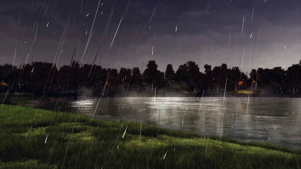 Orilla Lago Bosque Tranquilo Estanque Con Siluetas Árboles Oscuros Fondo — Foto de Stock