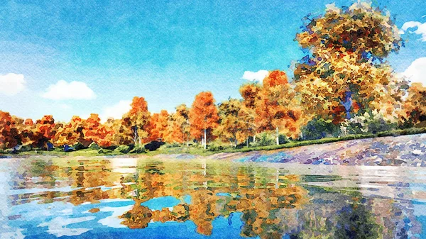 水彩画秋天风景与风景五颜六色的秋天树在森林湖或池塘的岸上在白天 我自己的3D 渲染文件中的数字艺术绘画 — 图库照片