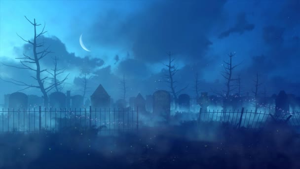 Темная Мистическая Ночь Заброшенном Жутком Кладбище Старыми Разлагающимися Надгробиями Сверхъестественными — стоковое видео