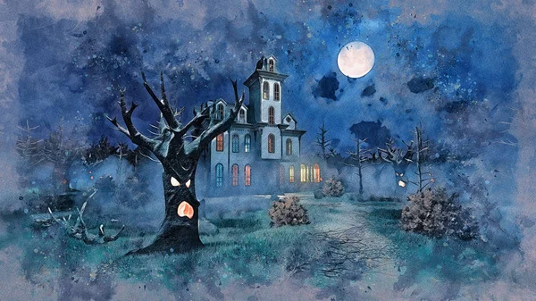 Watercolor Sketch Old Scary Haunted Mansion Fantastic Creepy Trees Misty — Stock Photo, Image