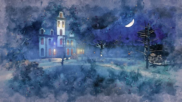 Watercolor sketch of scary haunted mansion with luminous windows surrounded by fantastic creepy trees under night sky with half moon. Grunge style digital illustration from my own 3D rendering file.