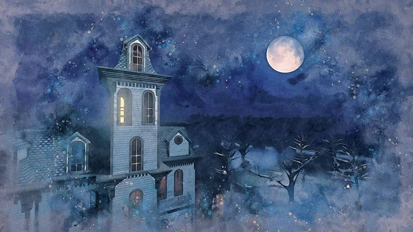 Watercolor sketch of old scary mansion surrounded by creepy trees at dark misty night with fantastic big full moon in the sky. Grunge style digital illustration from my own 3D rendering file.
