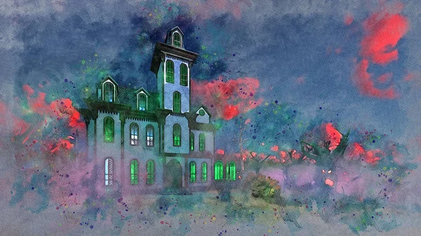 Akvarell Skiss Skrämmande Hemsökta Huset Med Fantastisk Grönt Ljus Windows — Stockfoto